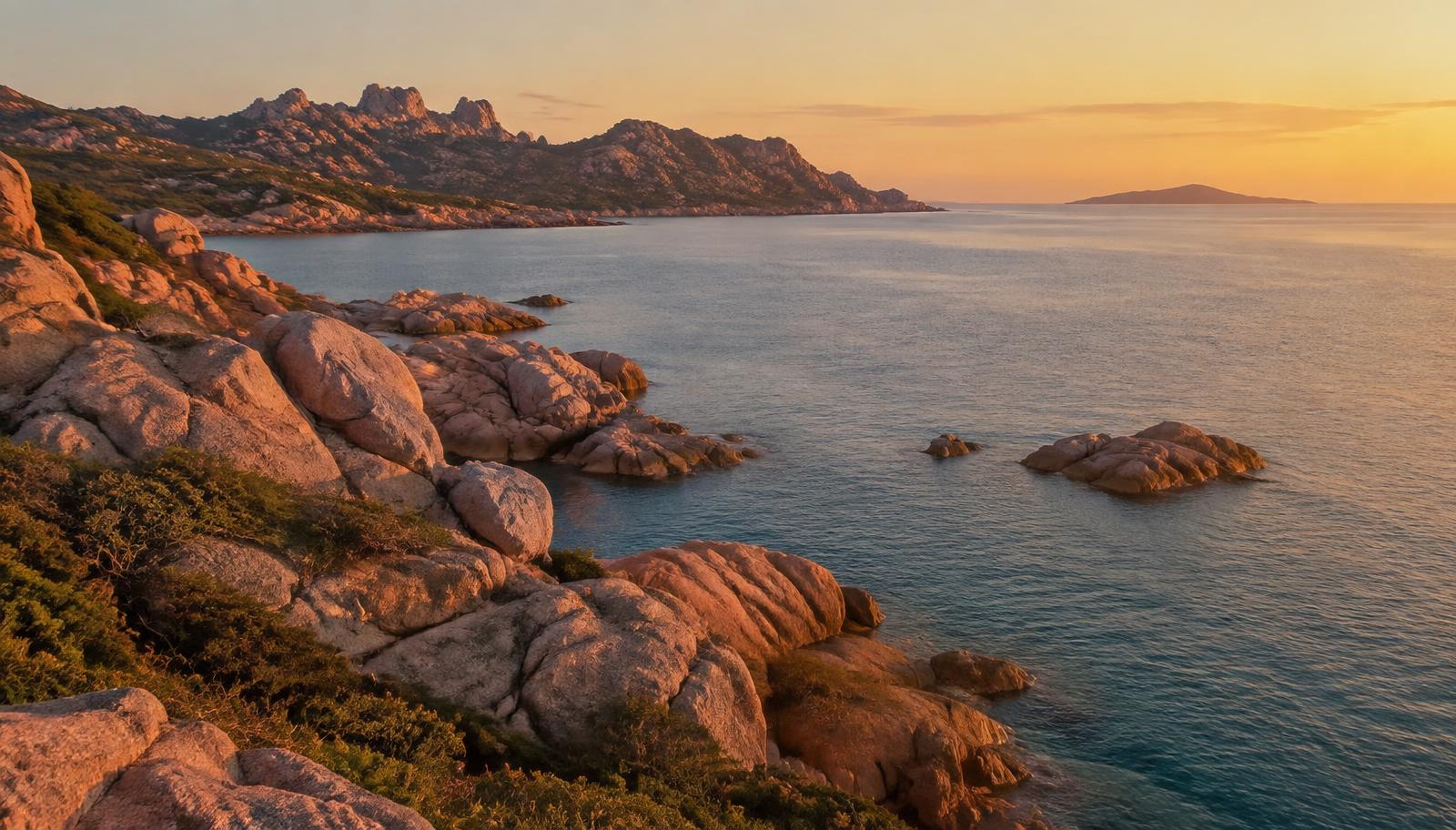 Côte rocheuse de granit rose en Corse au coucher du soleil
