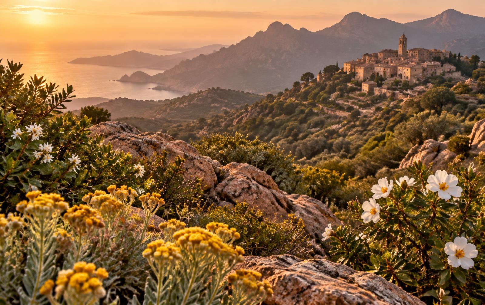 Maquis corse en fleurs, immortelles et cistes sur le granit, village perché au loin face à la mer