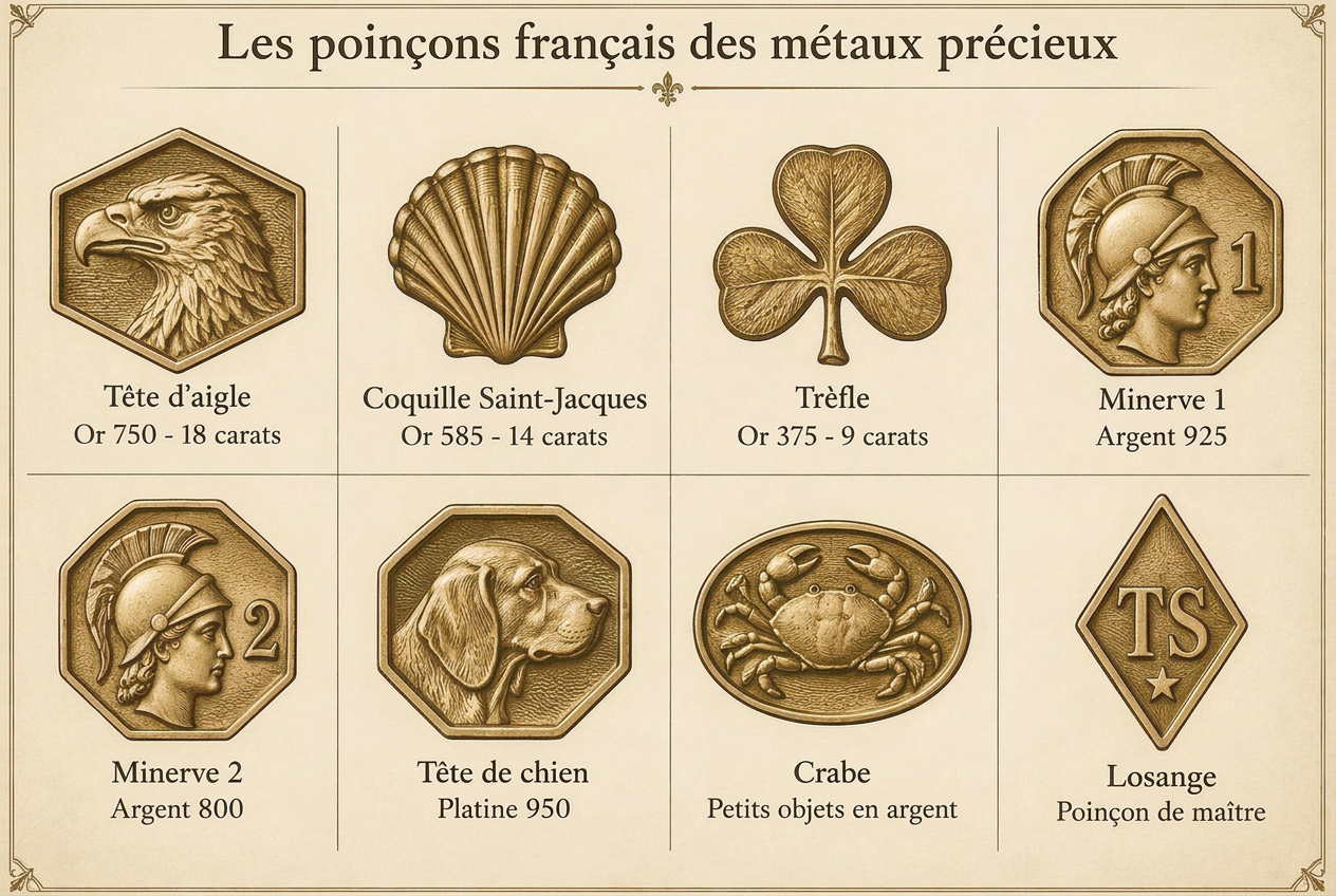 Planche des poinçons français : tête d'aigle or 750, coquille Saint-Jacques or 585, trèfle or 375, Minerve argent 925 et 800, tête de chien platine 950, crabe, losange du fabricant